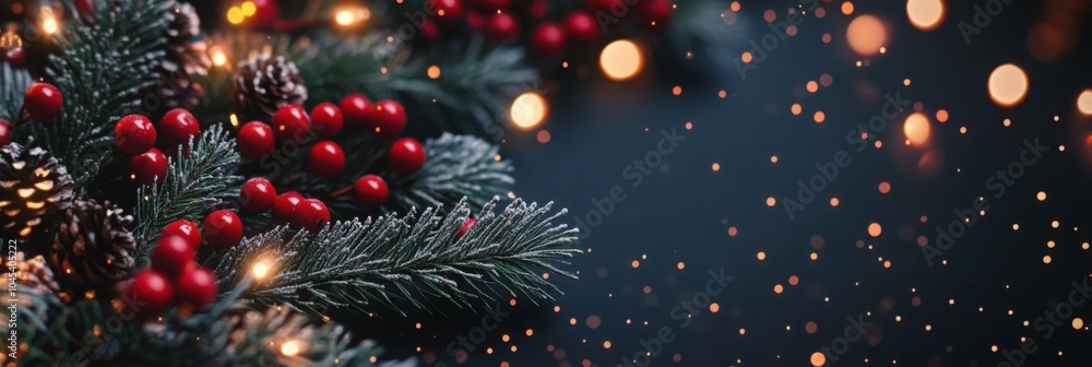 Festive pine branches, red berries, and lights forming a frame around black copy space. Festive pine branches, red berries, and lights forming a frame around black copy space.