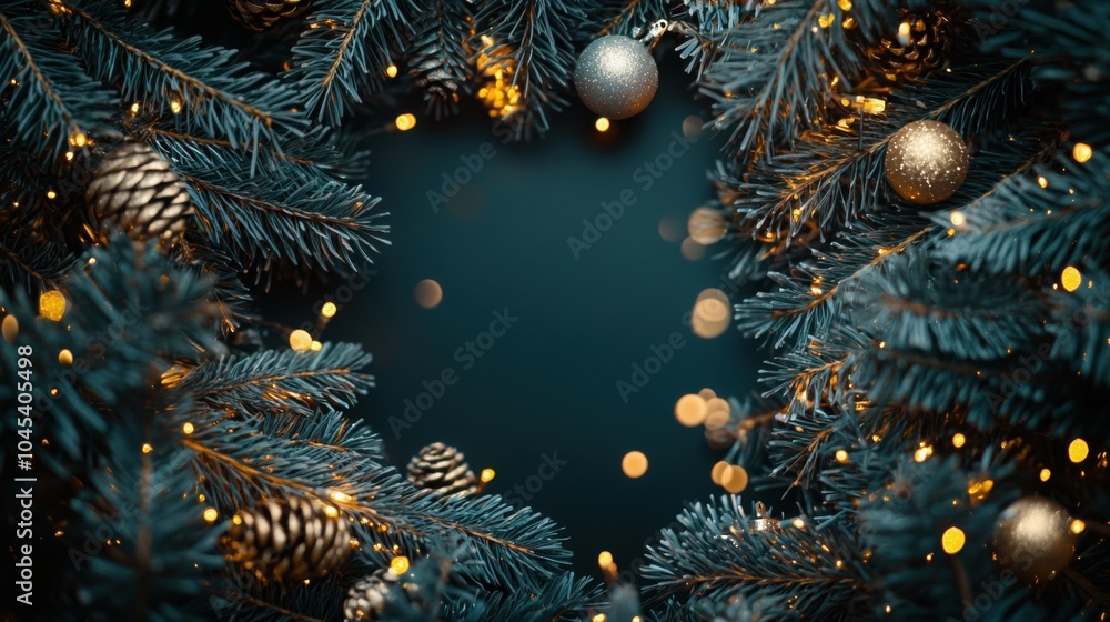 Festive pine twigs, golden lights, and silver baubles surrounding a black space for copy in the center. Festive pine twigs, golden lights, and silver baubles surrounding a black space for copy in the center.