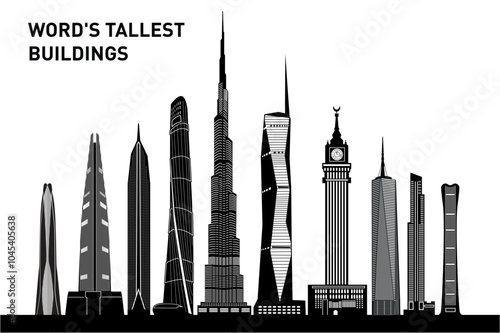 A vector skyline collection showcasing the world’s tallest buildings, offering exclusive, fully customizable designs for creative projects, branding, and architectural presentations. Elevate your visu