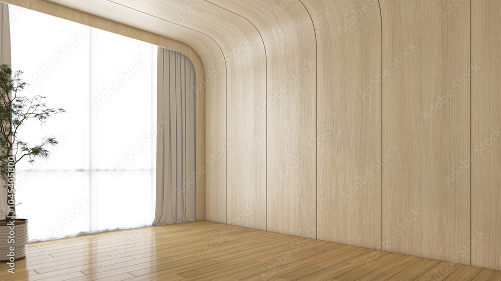 Minimalist empty room with curved wooden wall and Indoor plants. White curtain and wood floor. 3d rendering Minimalist empty room with curved wooden wall and Indoor plants. White curtain and wood floor. 3d rendering