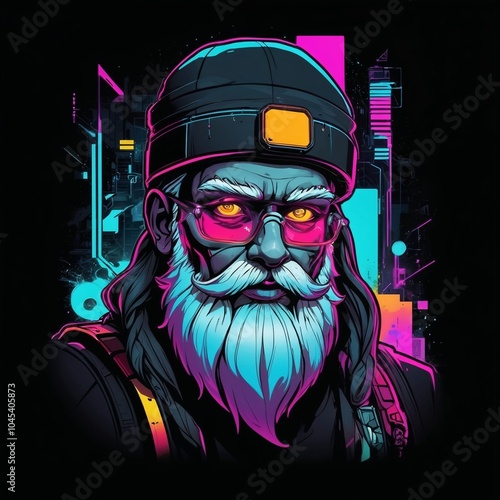 Futuristic Santa Claus with neon lights in cyberpunk style