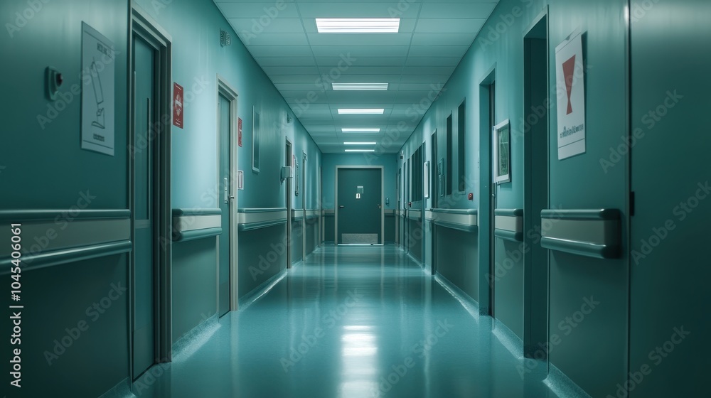 A hospital hallway leading to the ICU, with warning signs and restricted access doors, emphasizing the seriousness and critical care area of the facility A hospital hallway leading to the ICU, with warning signs and restricted access doors, emphasizing the seriousness and critical care area of the facility