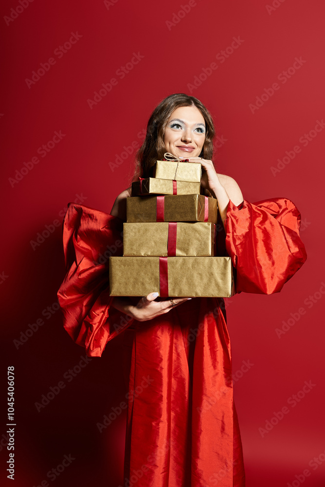 A cheerful young woman embraces a stack of elegant gifts, radiating happiness and festive spirit. A cheerful young woman embraces a stack of elegant gifts, radiating happiness and festive spirit.