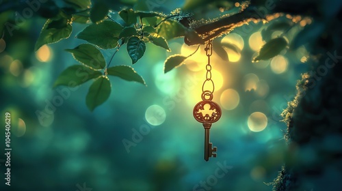 Glowing Key Hanging from Tree photo