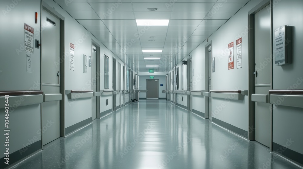 Obraz premium A hospital hallway leading to the ICU, with warning signs and restricted access doors, emphasizing the seriousness and critical care area of the facility