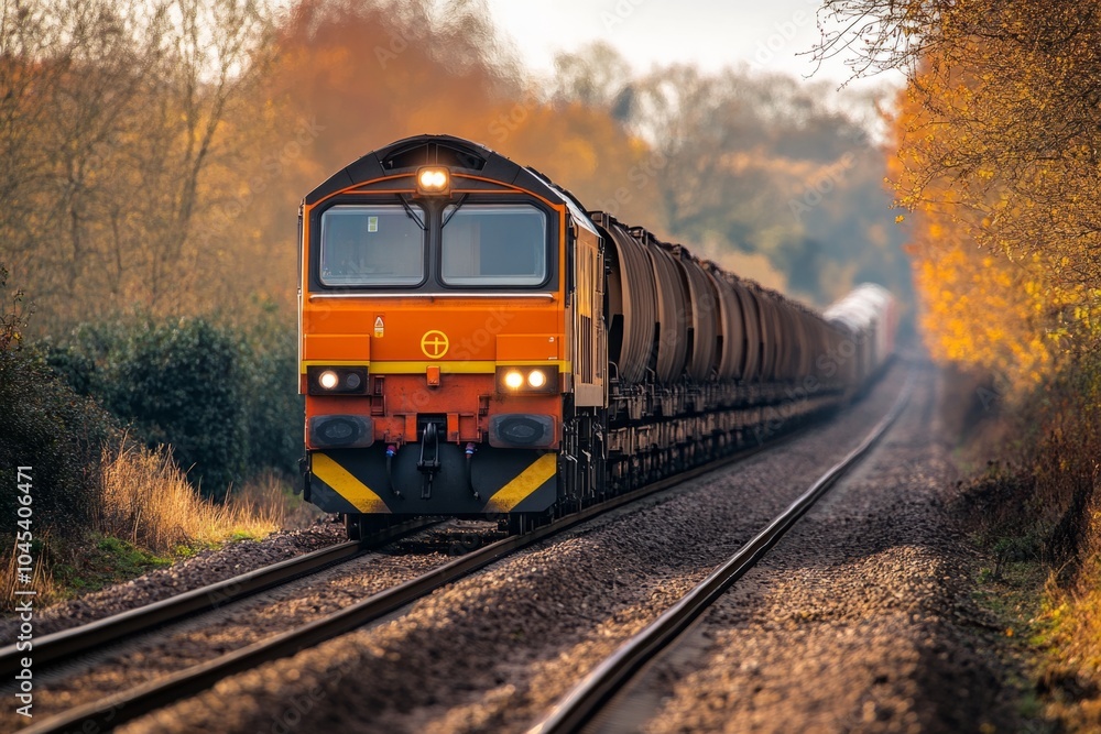 A vibrant freight train travels through autumn foliage. This scenic view showcases the beauty of nature and transportation combined in one image. Generative AI A vibrant freight train travels through autumn foliage. This scenic view showcases the beauty of nature and transportation combined in one image. Generative AI