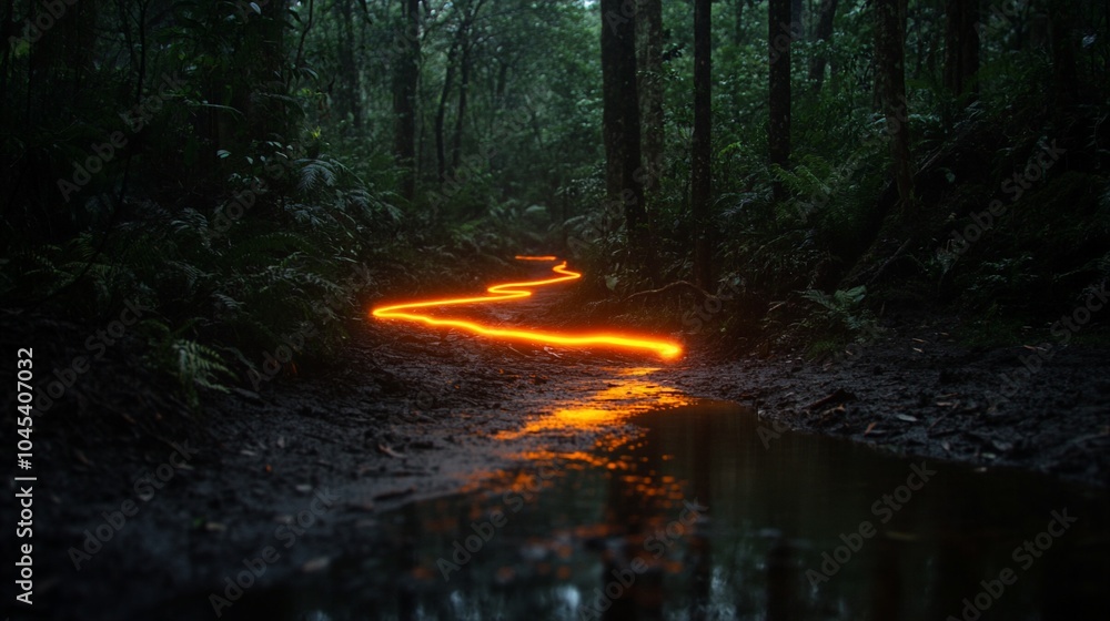 Obraz premium A winding path illuminated by a glowing orange light in a lush, green rainforest.