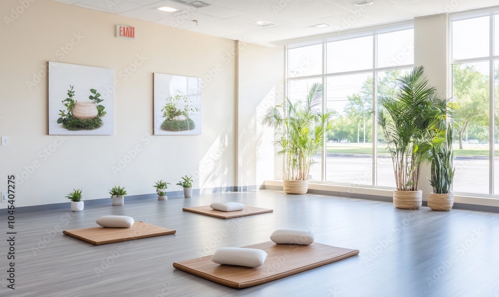 A serene meditation space with mats, cushions, and plants. A serene meditation space with mats, cushions, and plants.