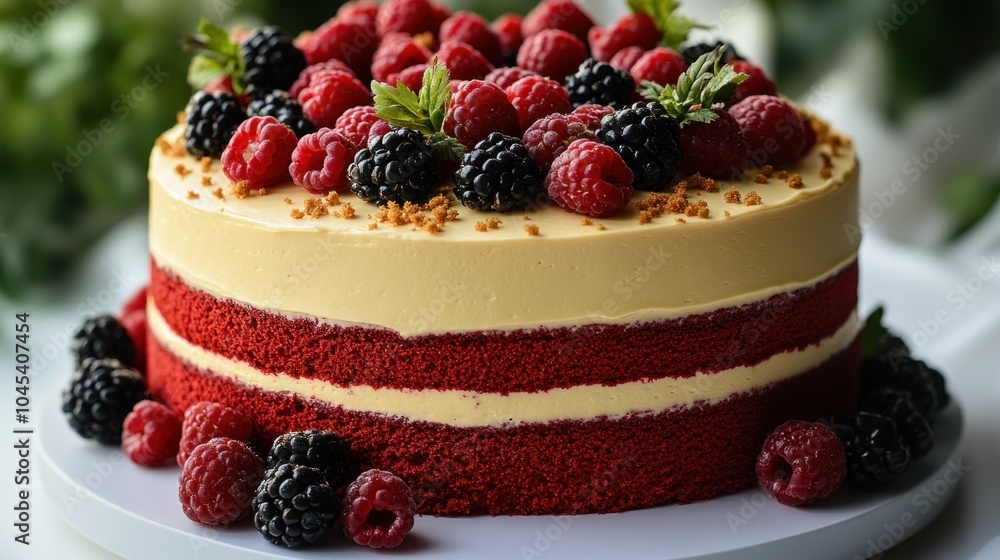 A vibrant red velvet cake layered with cream topped with fresh berries A vibrant red velvet cake layered with cream topped with fresh berries