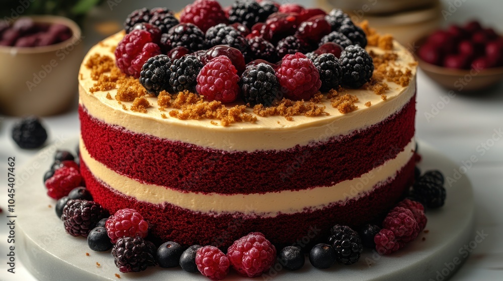 A delightful red velvet cake topped with a vibrant mix of berries invites indulgence A delightful red velvet cake topped with a vibrant mix of berries invites indulgence