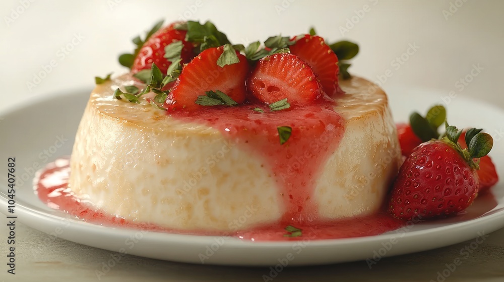 A delectable flan adorned with strawberries and a rich berry sauce awaits enjoyment A delectable flan adorned with strawberries and a rich berry sauce awaits enjoyment