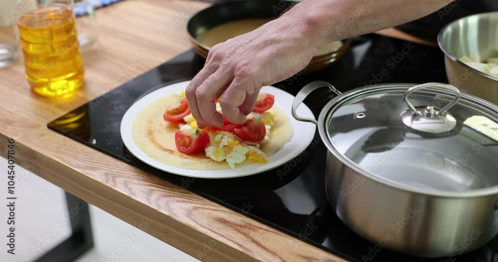 Man garnish meal with fresh tomatoes standing in kitchen. Male chef cooks pancakes topped with omelette preparing delicious breakfast slow motion Man garnish meal with fresh tomatoes standing in kitchen. Male chef cooks pancakes topped with omelette preparing delicious breakfast slow motion