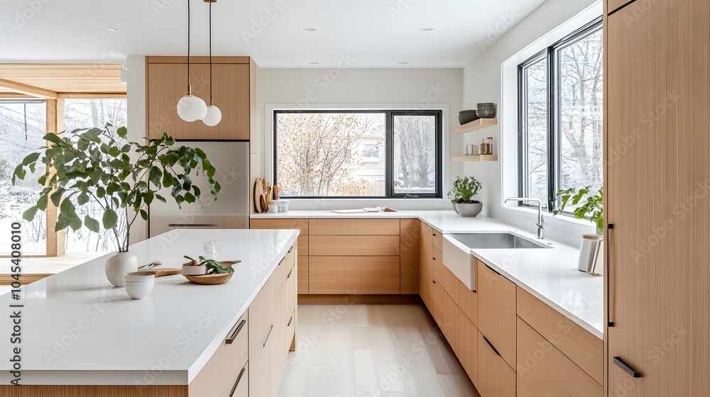 Fototapeta premium A minimalist Scandinavian kitchen with white countertops, wooden cabinets, and natural light