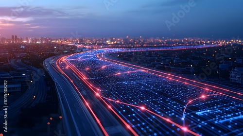 Futuristic cityscape with illuminated data highways at dusk