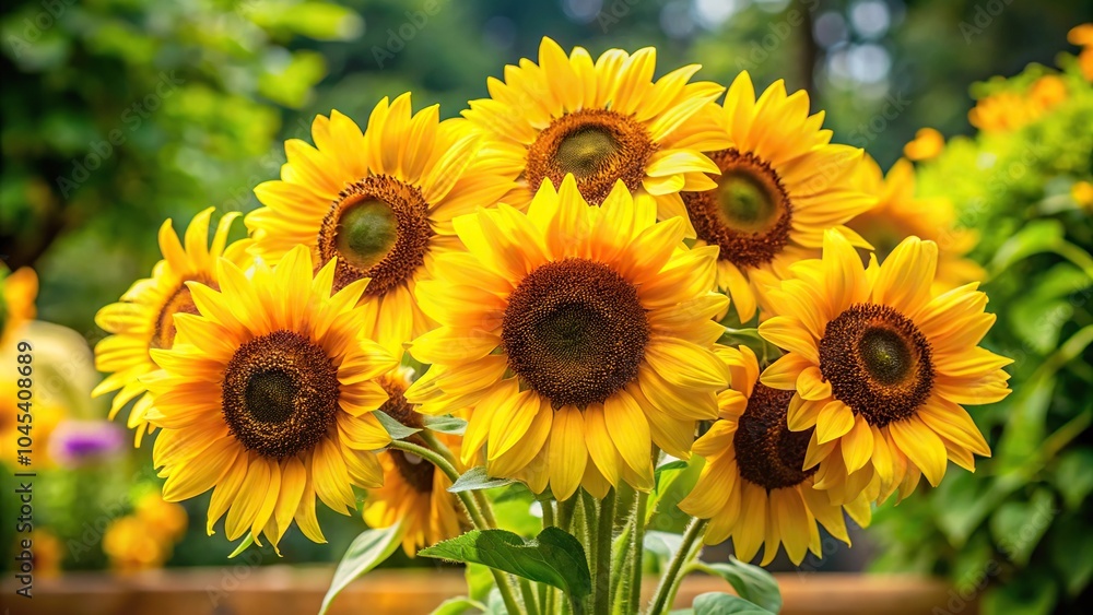 Obraz premium Freshly cut bouquet of bright yellow sunflowers standing upright in a garden bed, gift, bouquets, flower arrangement, garden decor