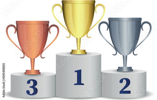 Gold, silver, bronze trophies standing on a pedestal.