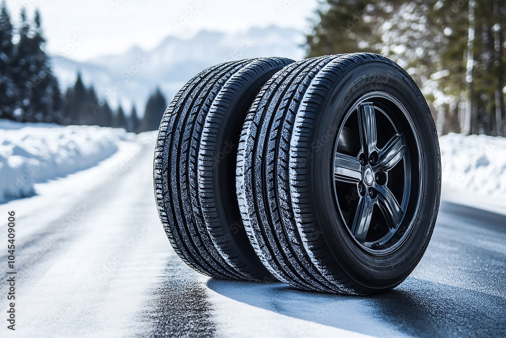 Winter Tire Display Against Snowy Road Backdrop - Ideal for Cold Weather Driving Winter Tire Display Against Snowy Road Backdrop - Ideal for Cold Weather Driving