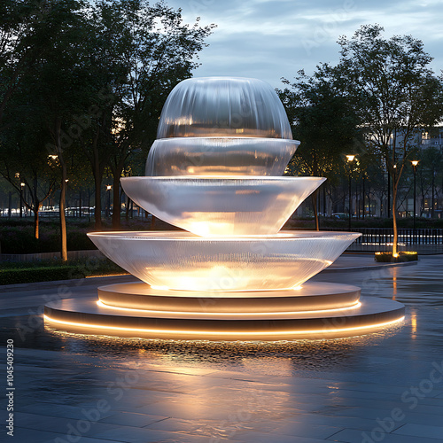 A stunning street sculpture featuring multi tiered fountain illuminated at night, creating serene atmosphere in an urban setting. flowing water and soft lights enhance tranquil ambiance photo