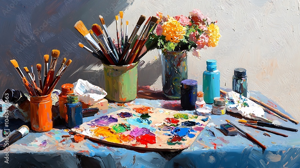 Vibrant Artist's Palette with Tools and Flowers Vibrant Artist's Palette with Tools and Flowers