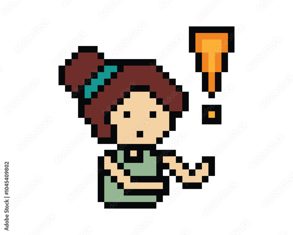 Fototapeta premium Cute pixel cartoon character woman with exclamation mark decoration 8 bit female girl lady surprise idea exclamation alert cartoon pixel game png vector.