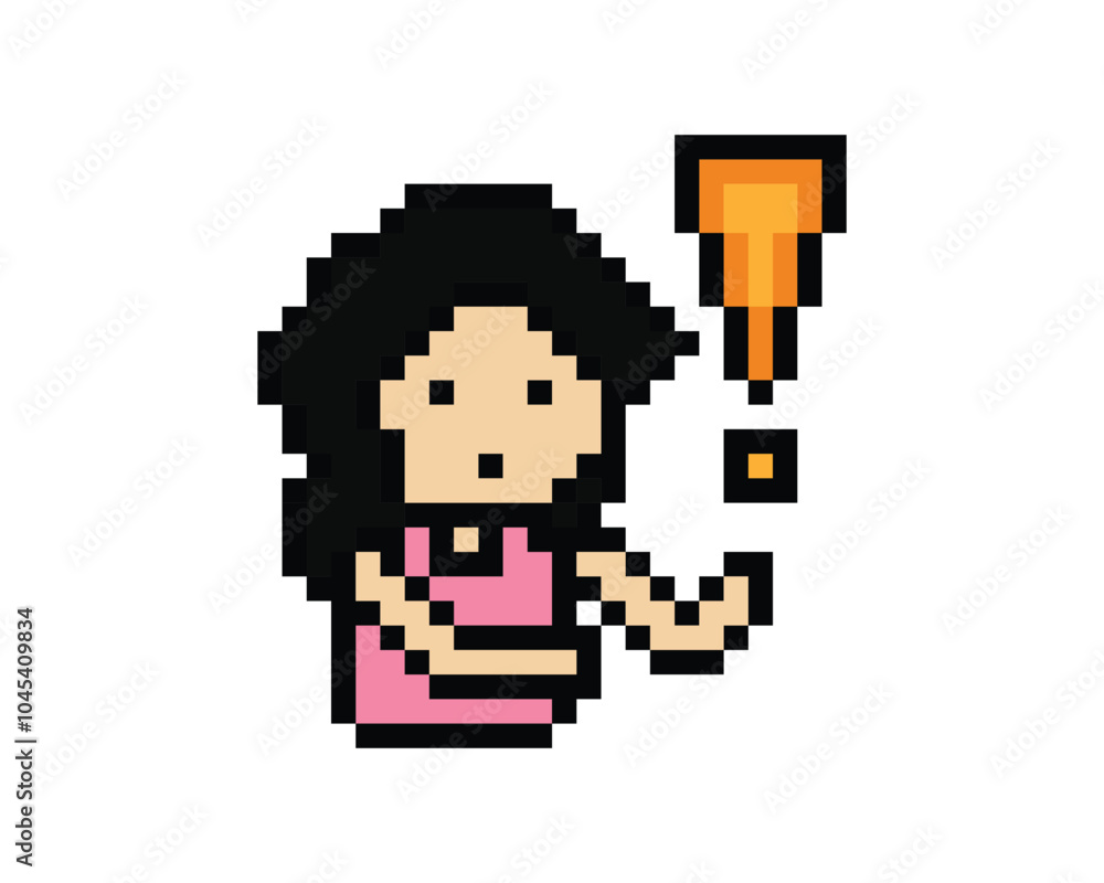 Cute pixel cartoon character woman with exclamation mark decoration 8 bit female girl lady surprise idea exclamation alert cartoon pixel game png vector. Cute pixel cartoon character woman with exclamation mark decoration 8 bit female girl lady surprise idea exclamation alert cartoon pixel game png vector.