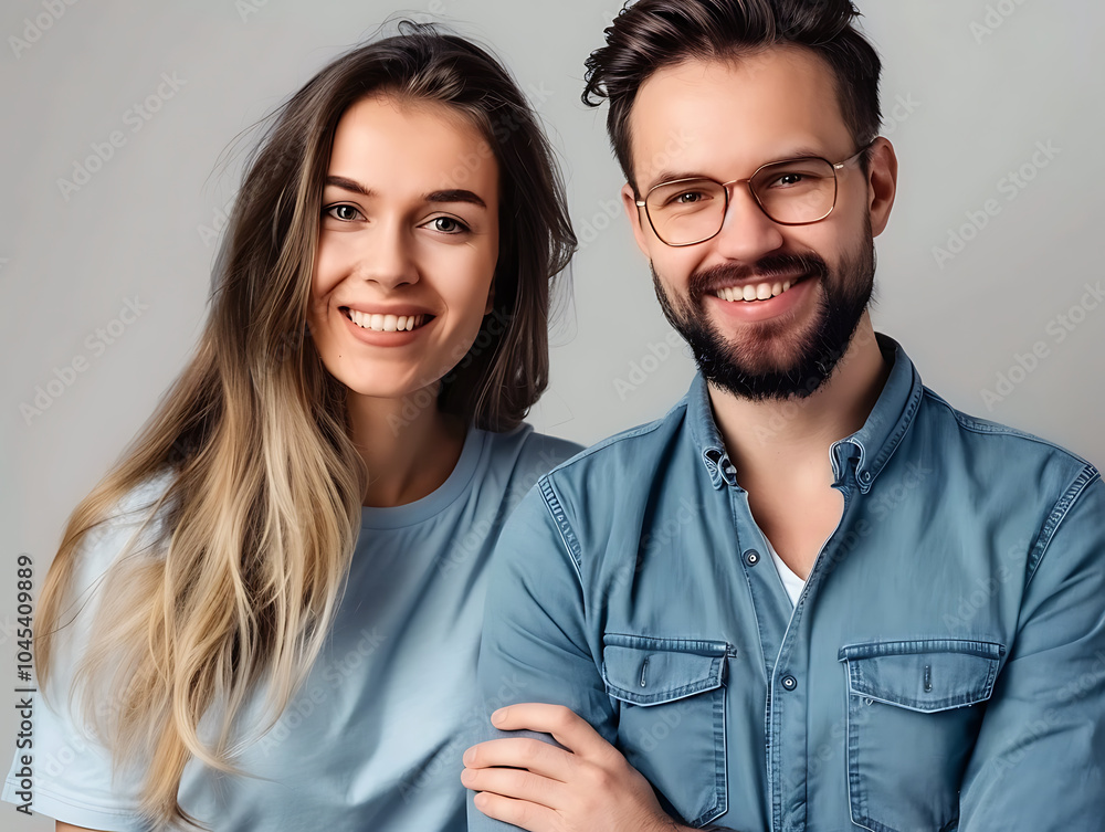 smiling man and woman stand close together, showcasing friendly and warm atmosphere. Their casual attire and joyful expressions convey sense of happiness and connection smiling man and woman stand close together, showcasing friendly and warm atmosphere. Their casual attire and joyful expressions convey sense of happiness and connection