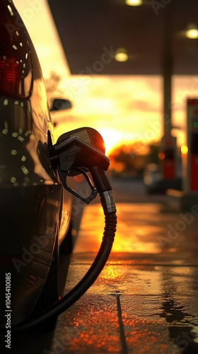 Modern Gas Pump Nozzle Close-Up at Sunset photo