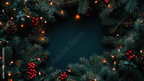 Top view of Christmas lights, green pine branches, and red berries framing a black copy space.