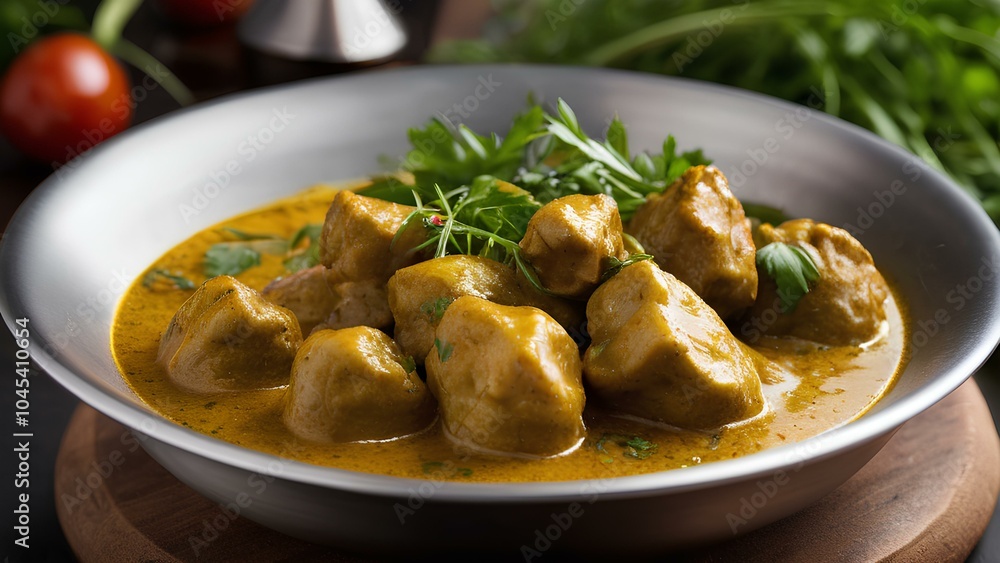 A steaming hot bowl of curry and grilled meat, garnished with fresh herbs. Perfect for a hearty, flavorful meal A steaming hot bowl of curry and grilled meat, garnished with fresh herbs. Perfect for a hearty, flavorful meal