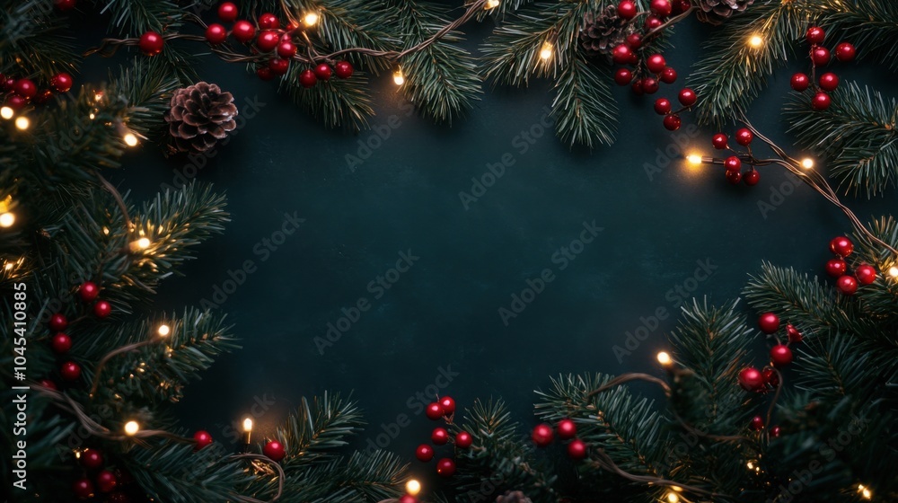 Top view of Christmas lights, red berries, and pine twigs framing empty black space for copy. Top view of Christmas lights, red berries, and pine twigs framing empty black space for copy.