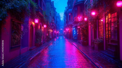 vibrant depiction of unique urban street illuminated by colorful lights, creating dreamy atmosphere. wet pavement reflects neon hues, enhancing enchanting scene