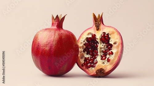 A whole pomegranate and a half pomegranate on a pink background.