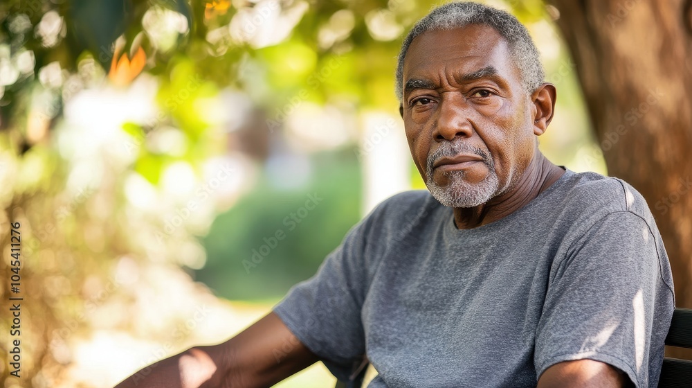 An elderly Black man in a gray T-shirt sits on a bench, enjoying the peaceful park An elderly Black man in a gray T-shirt sits on a bench, enjoying the peaceful park