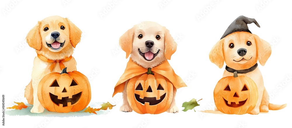 Three cheerful puppies dressed for Halloween, surrounded by festive pumpkins, showcasing a fun and playful seasonal spirit. Three cheerful puppies dressed for Halloween, surrounded by festive pumpkins, showcasing a fun and playful seasonal spirit.