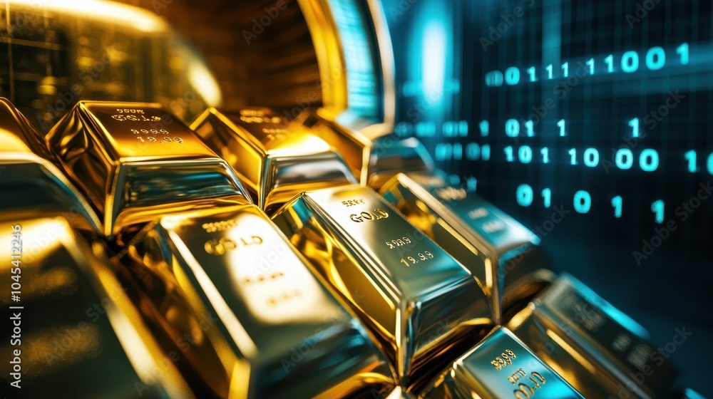 Shimmering Gold Bars in Digital Vault Setting Shimmering Gold Bars in Digital Vault Setting