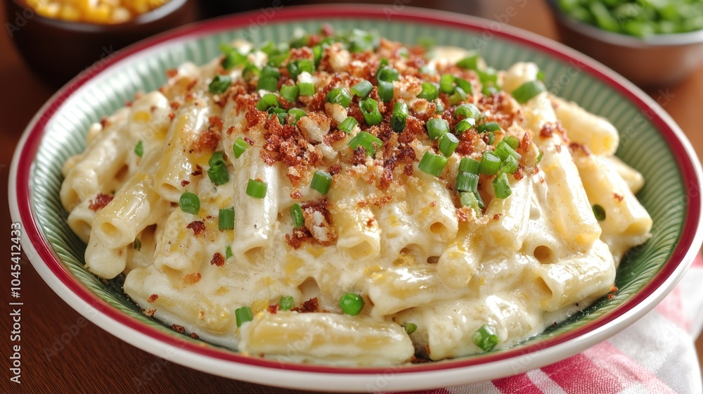 Creamy macaroni and cheese topped with crispy bacon and green onions Creamy macaroni and cheese topped with crispy bacon and green onions