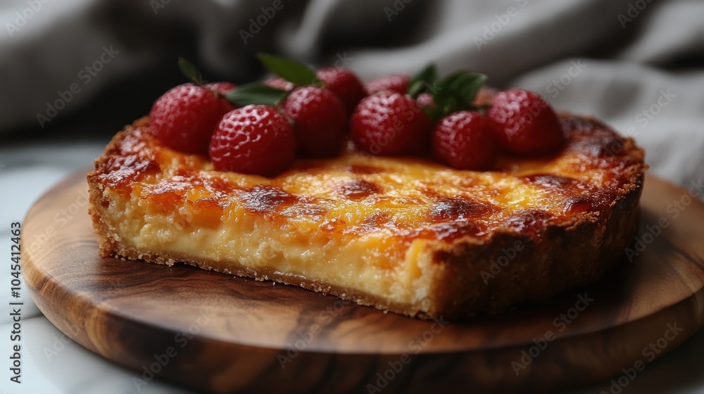 A freshly baked raspberry tart, golden and inviting, ready to be enjoyed A freshly baked raspberry tart, golden and inviting, ready to be enjoyed