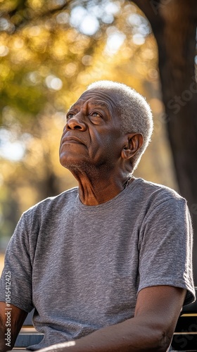 An elderly Black man relaxes on a bench, pondering life in the warm park sunlight