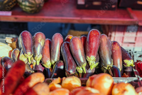 Top-down view of a heap of Brinjal egg fruit, aubergine, Solanum melongena for sale in a vegetable market. Overhead composition. Mandi market system in India. Farm laws. photo