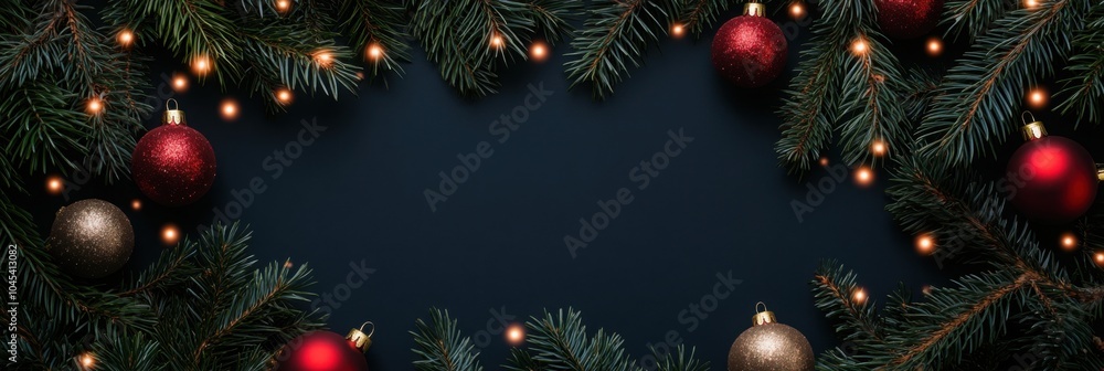 Top view of pine branches, Christmas balls, and twinkling lights forming a frame with black space for text. Top view of pine branches, Christmas balls, and twinkling lights forming a frame with black space for text.