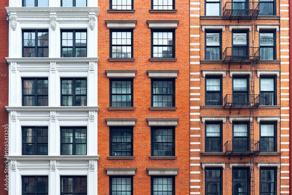 A facade featuring a mix of red brick and white buildings, showcasing various window designs in an urban setting. A facade featuring a mix of red brick and white buildings, showcasing various window designs in an urban setting.