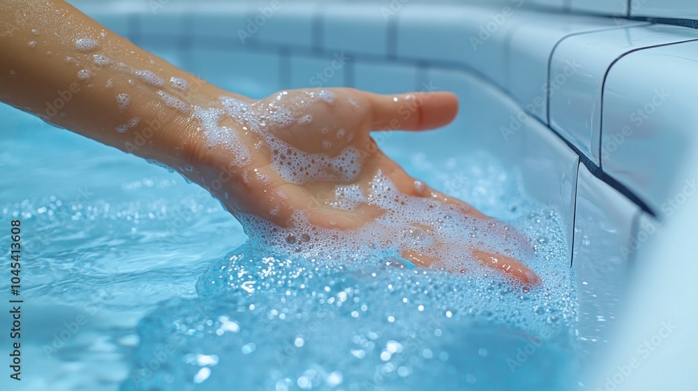 Fototapeta premium Soothing hands glide through bubbles, creating ripples in sparkling blue water