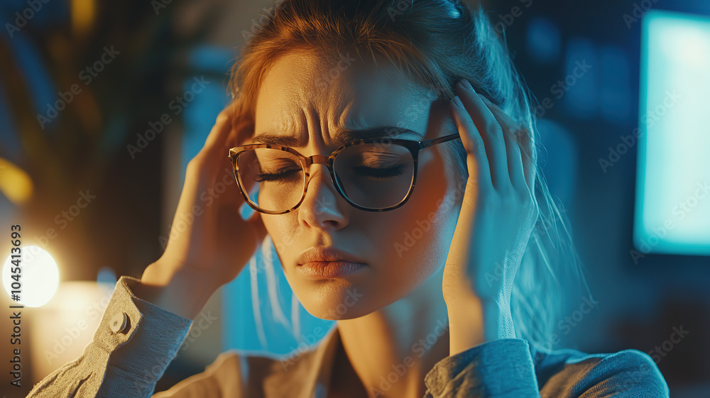 Worried businesswoman with headache working Worried businesswoman with headache working