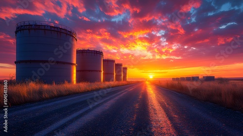 Industrial storage tanks for captured CO2 from a bioenergy facility, with pipelines leading to underground sequestration