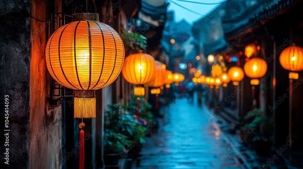 serene scene of traditional street illuminated by glowing lanterns, creating warm and inviting atmosphere. wet pavement reflects soft light, enhancing charm of setting serene scene of traditional street illuminated by glowing lanterns, creating warm and inviting atmosphere. wet pavement reflects soft light, enhancing charm of setting