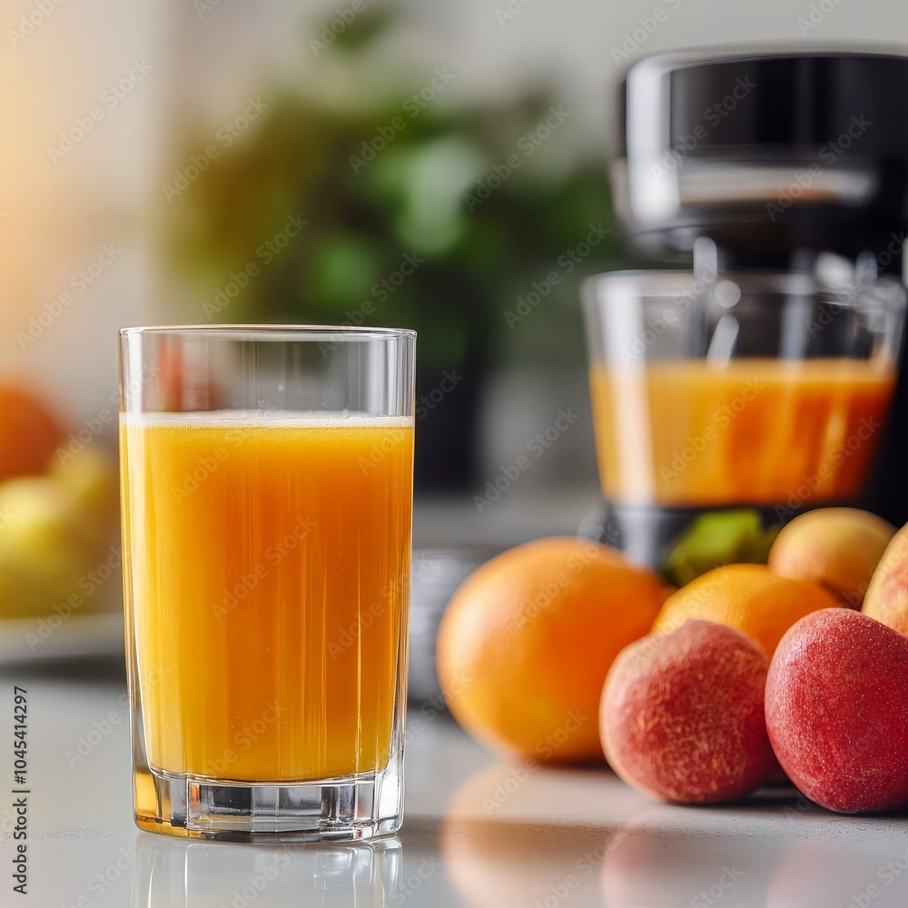 A refreshing glass of orange juice in focus, with vibrant fruits and a juicer in the background, showcasing a healthy lifestyle choice. A refreshing glass of orange juice in focus, with vibrant fruits and a juicer in the background, showcasing a healthy lifestyle choice.