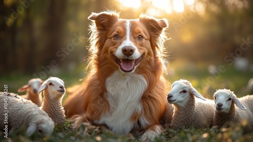 Featuring dogs interacting with farm animals, emphasizing friendly and playful moments. Ideal for farm-themed social media posts and pet blogs. Detailed view of dogs with chickens, goats. photo