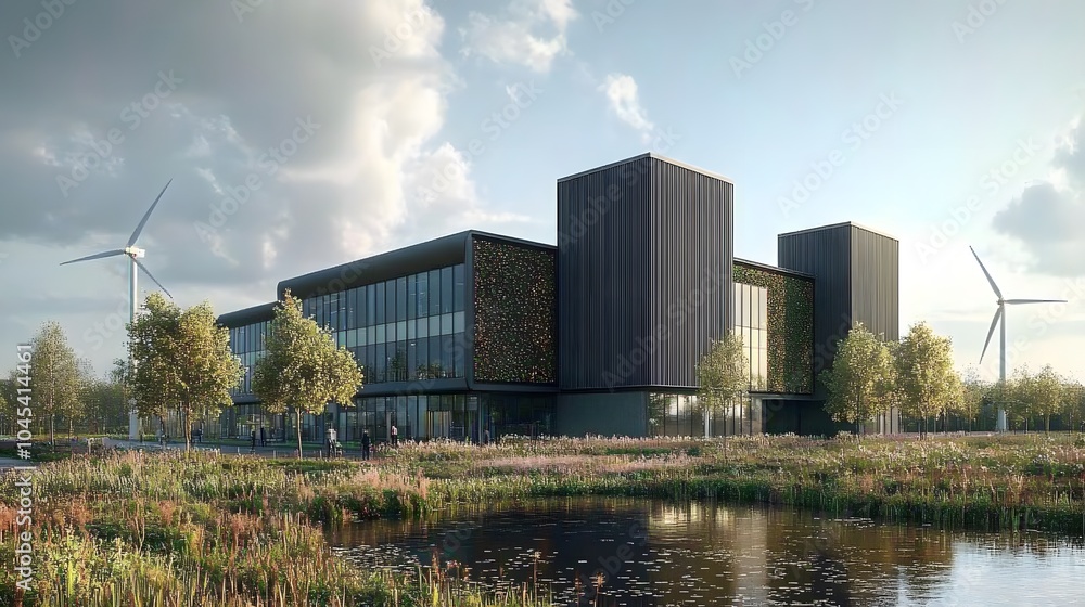 BECCS facility with solar panels and wind turbines, symbolizing the synergy between renewable energy and carbon capture BECCS facility with solar panels and wind turbines, symbolizing the synergy between renewable energy and carbon capture