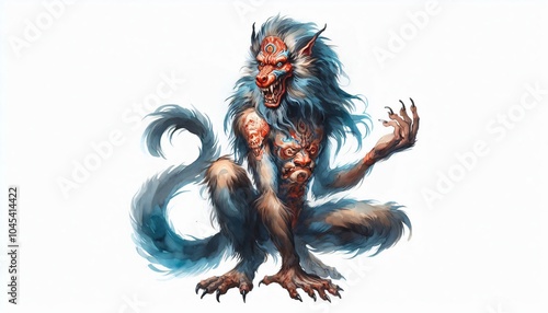 Gusion Depicted as a baboon or a man with a dog head, a demon in watercolor illustration photo