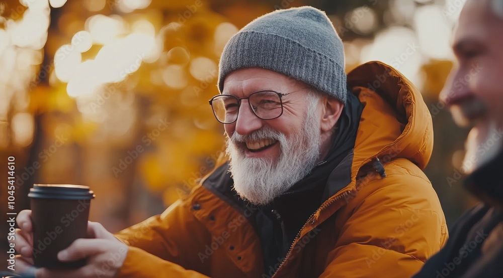 Smiling Senior Man Enjoying Coffee with Friend in Autumn Park Smiling Senior Man Enjoying Coffee with Friend in Autumn Park